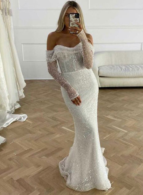 Mermaid Fitted Wedding Dresses Sequined Long Sleeves-Showprettydress