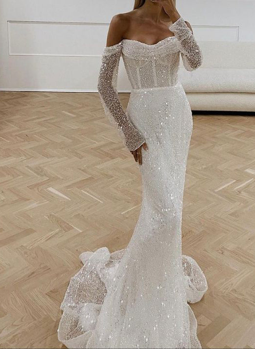 Mermaid Fitted Wedding Dresses Sequined Long Sleeves-Showprettydress