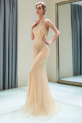 Mermaid Floor Length Sleeveless Beading Golden Evening Dresses-showprettydress