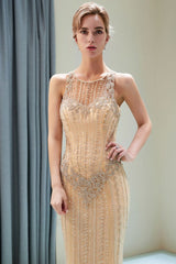 Mermaid Floor Length Sleeveless Beading Golden Evening Dresses-showprettydress