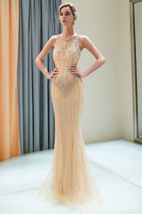 Mermaid Floor Length Sleeveless Beading Golden Evening Dresses-showprettydress