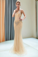 Mermaid Floor Length Sleeveless Beading Golden Evening Dresses-showprettydress