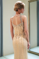 Mermaid Floor Length Sleeveless Beading Golden Evening Dresses-showprettydress