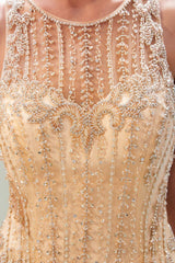 Mermaid Floor Length Sleeveless Beading Golden Evening Dresses-showprettydress