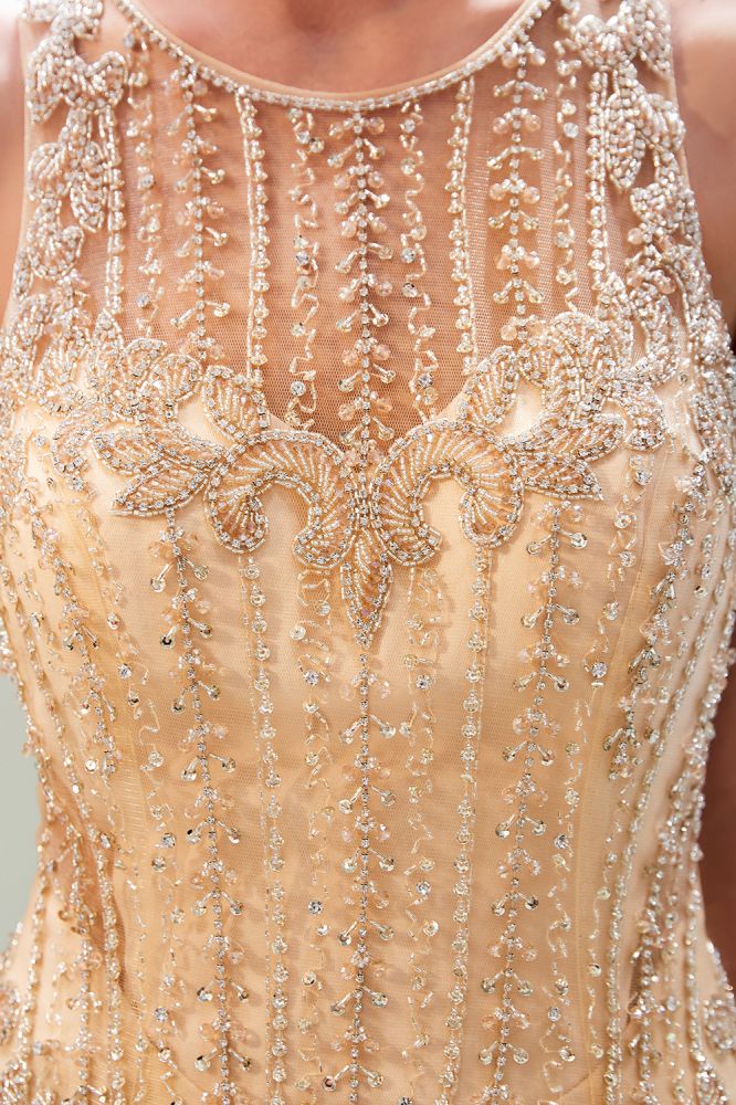 Mermaid Floor Length Sleeveless Beading Golden Evening Dresses-showprettydress