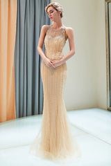 Mermaid Floor Length Sleeveless Beading Golden Evening Dresses-showprettydress