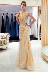 Mermaid Floor Length Sleeveless Golden Beading Evening Gowns-showprettydress