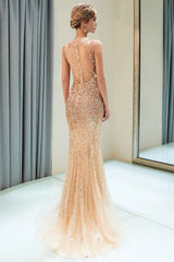 Mermaid Floor Length V-neck Sleeveless Crystals Beading Formal Party Dresses-showprettydress