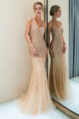 Mermaid Floor Length V-neck Sleeveless Crystals Beading Formal Party Dresses-showprettydress