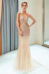 Mermaid Floor Length V-neck Sleeveless Crystals Beading Formal Party Dresses-showprettydress