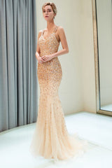 Mermaid Floor Length V-neck Sleeveless Crystals Beading Formal Party Dresses-showprettydress