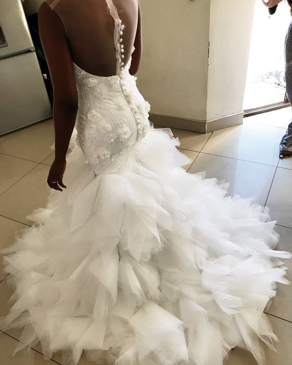 Mermaid Floral Appliques Ruffless Wedding Dresses Sheer Tulle Backless Sleeveless Bridal Gowns-showprettydress