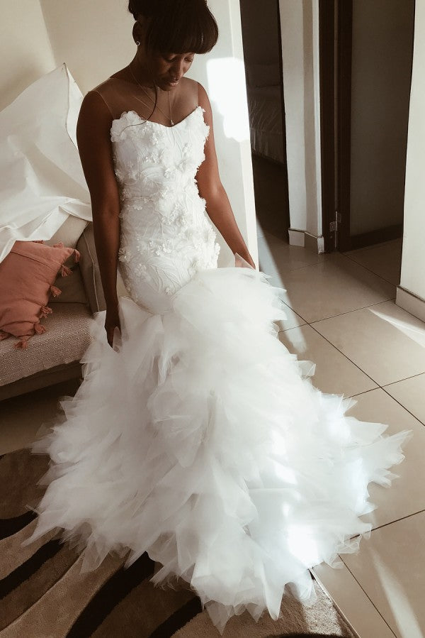 Mermaid Floral Appliques Ruffless Wedding Dresses Sheer Tulle Backless Sleeveless Bridal Gowns-showprettydress