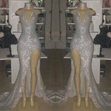 Mermaid Front Slit Deep V-neck Halter Court Paillette Prom Dress-showprettydress