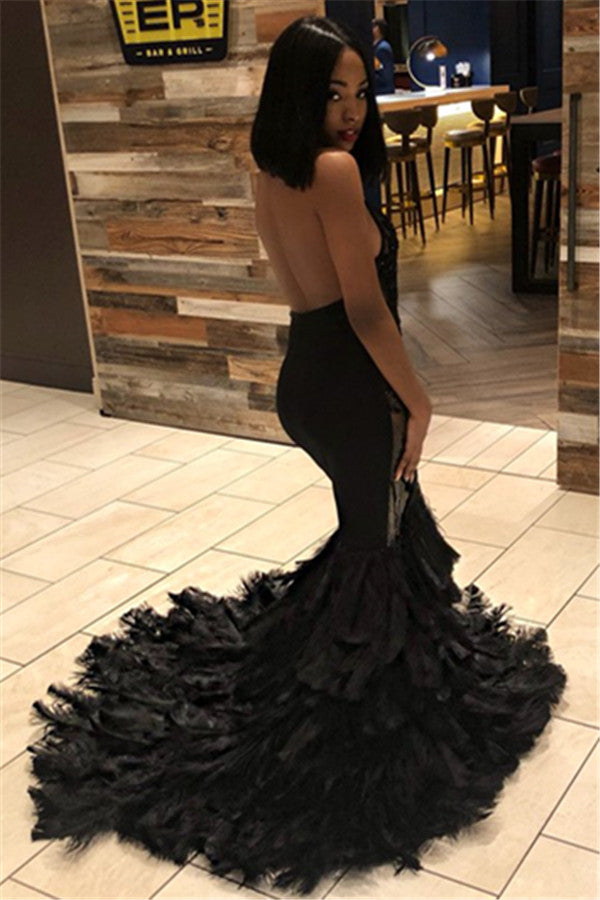 Mermaid Halter Backless Chapel Transparent Neckline Paillette Prom Dress-showprettydress