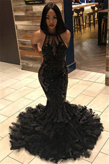 Mermaid Halter Backless Chapel Transparent Neckline Paillette Prom Dress-showprettydress