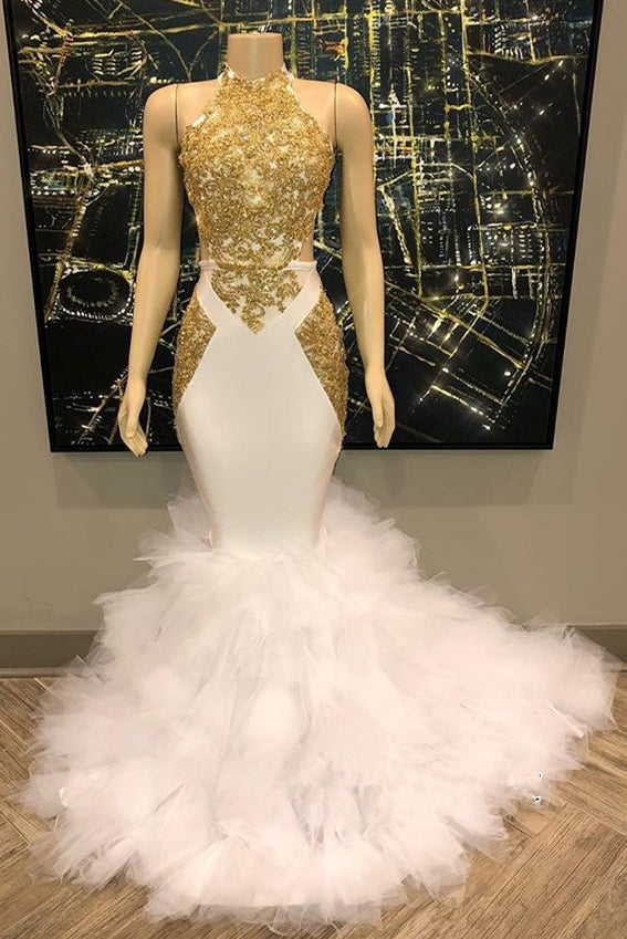 Mermaid Halter Floor Length Chiffon Beading Embroidery Prom Dress-showprettydress