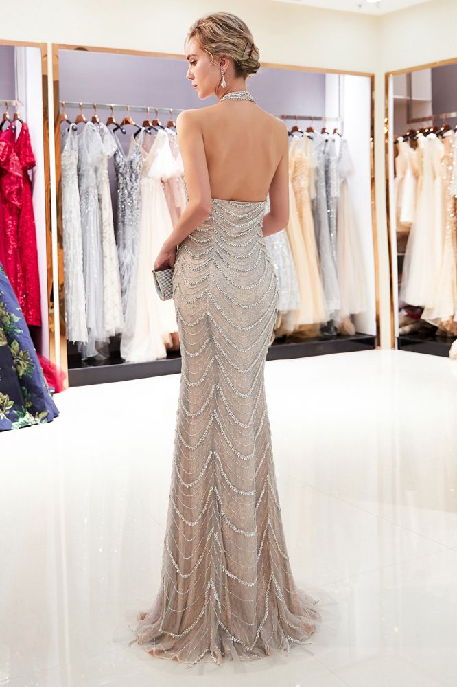 Mermaid Halter Sleeveless Long Sequined Pattern Evening Dresses-showprettydress