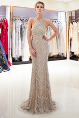 Mermaid Halter Sleeveless Long Sequined Pattern Evening Dresses-showprettydress