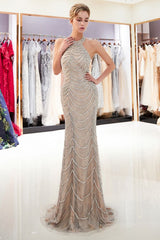Mermaid Halter Sleeveless Long Sequined Pattern Evening Dresses-showprettydress
