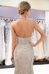 Mermaid Halter Sleeveless Long Sequined Pattern Evening Dresses-showprettydress