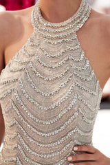Mermaid Halter Sleeveless Long Sequined Pattern Evening Dresses-showprettydress
