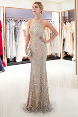 Mermaid Halter Sleeveless Long Sequined Pattern Evening Dresses-showprettydress