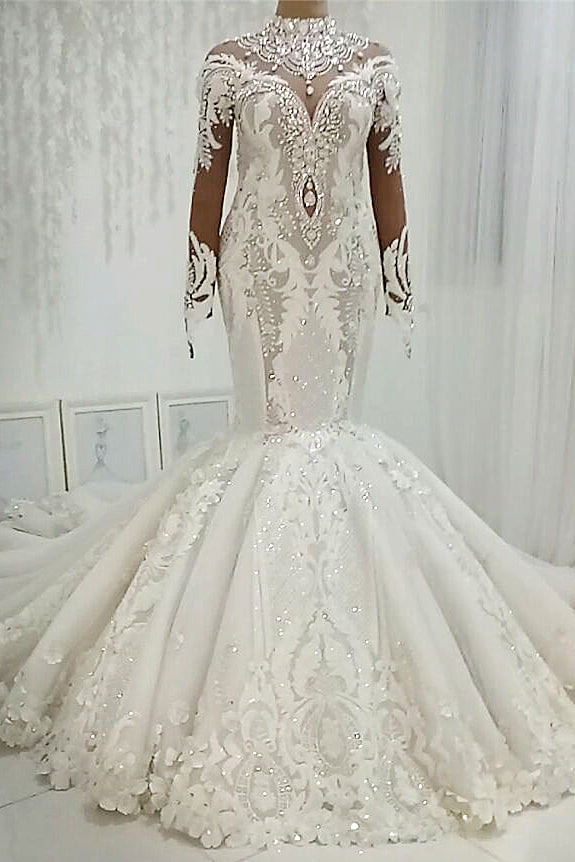 Mermaid High Collar Floor Length Tulle Applique Paillette Wedding Dress-showprettydress