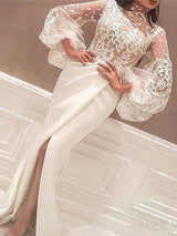 Mermaid High Neck Lace Wedding Dress Satin Long Sleeves Evening Party Dress-showprettydress