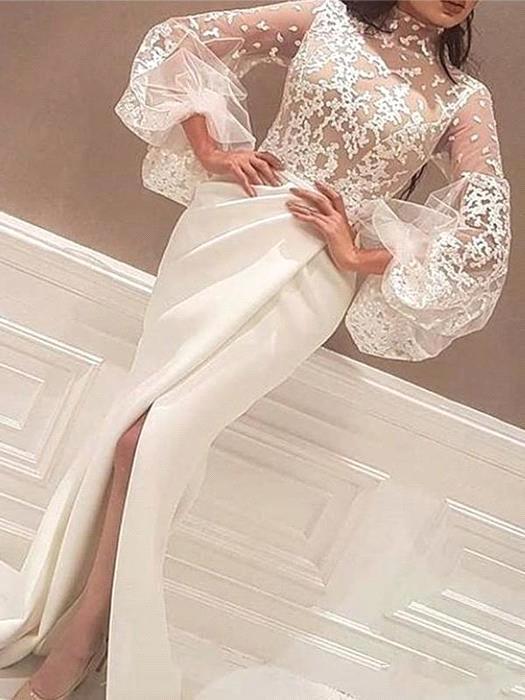 Mermaid High Neck Lace Wedding Dress Satin Long Sleeves Evening Party Dress-showprettydress