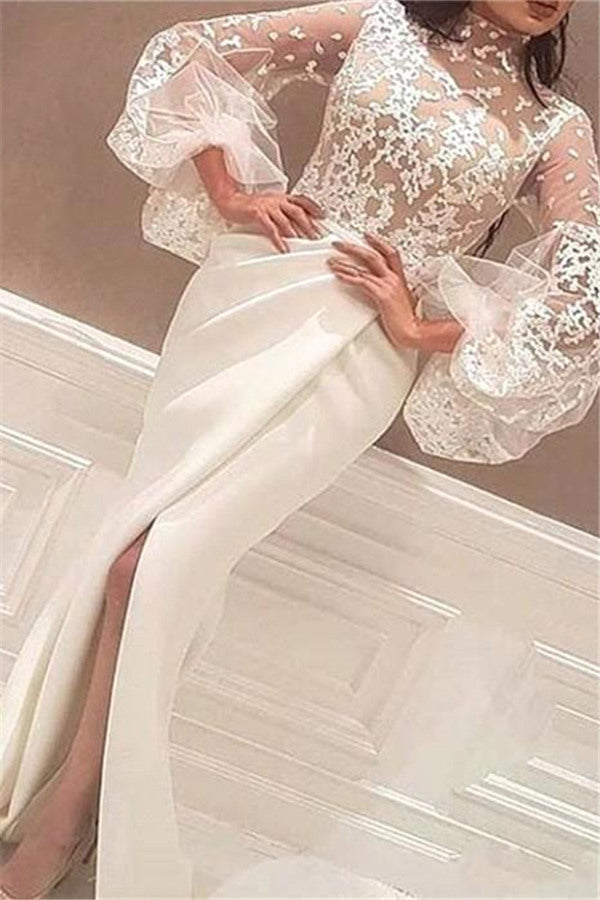 Mermaid High Neck Lace Wedding Dress Satin Long Sleeves Evening Party Dress-showprettydress