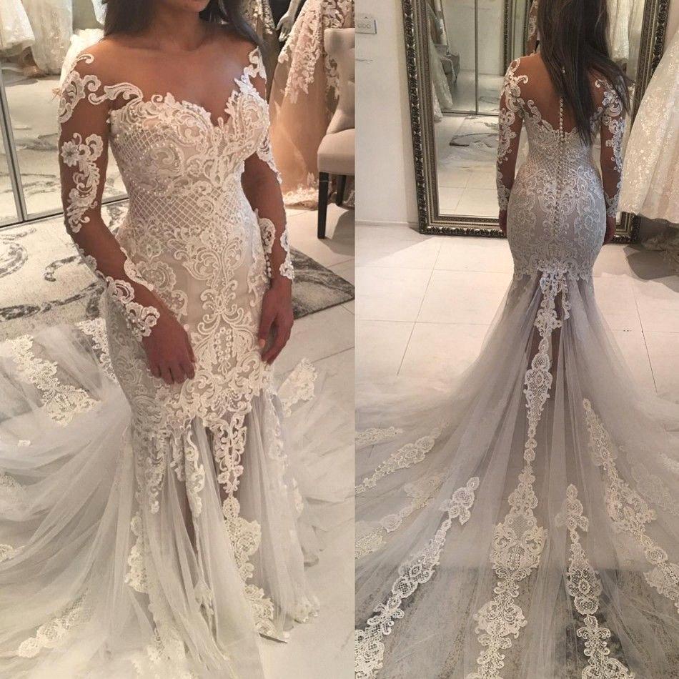 Mermaid Lace Appliques Modern Tulle Wedding Dress Long Sleeves Bride Dress With Long Train-showprettydress