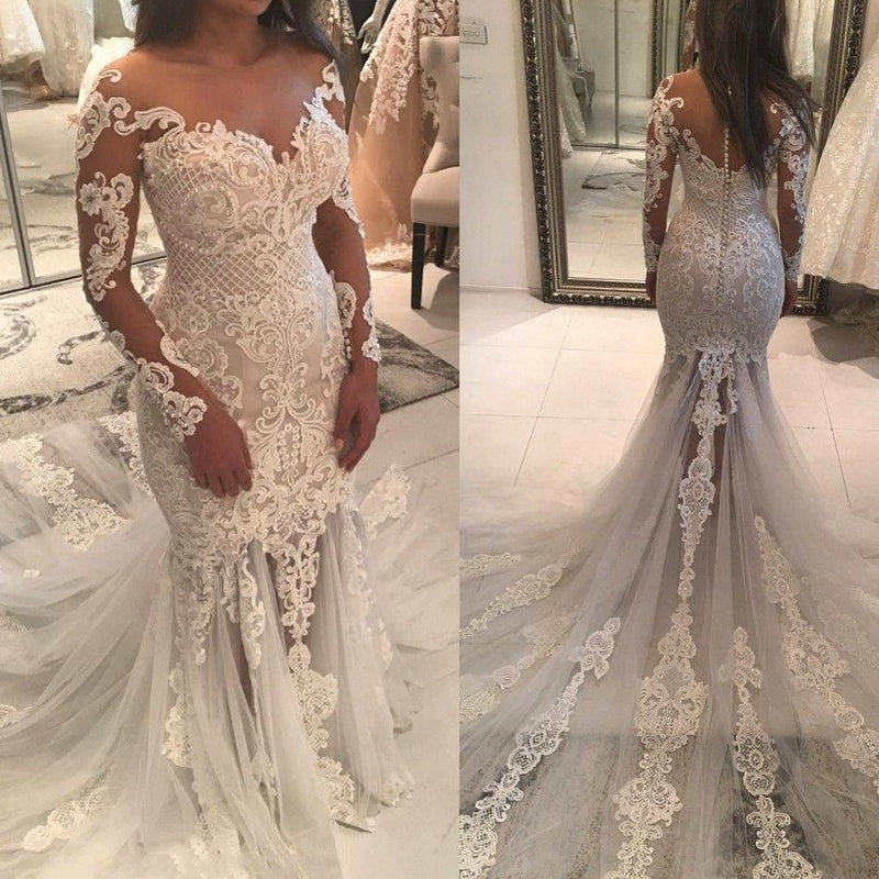 Mermaid Lace Appliques Modern Tulle Wedding Dress Long Sleeves Bride Dress With Long Train-showprettydress