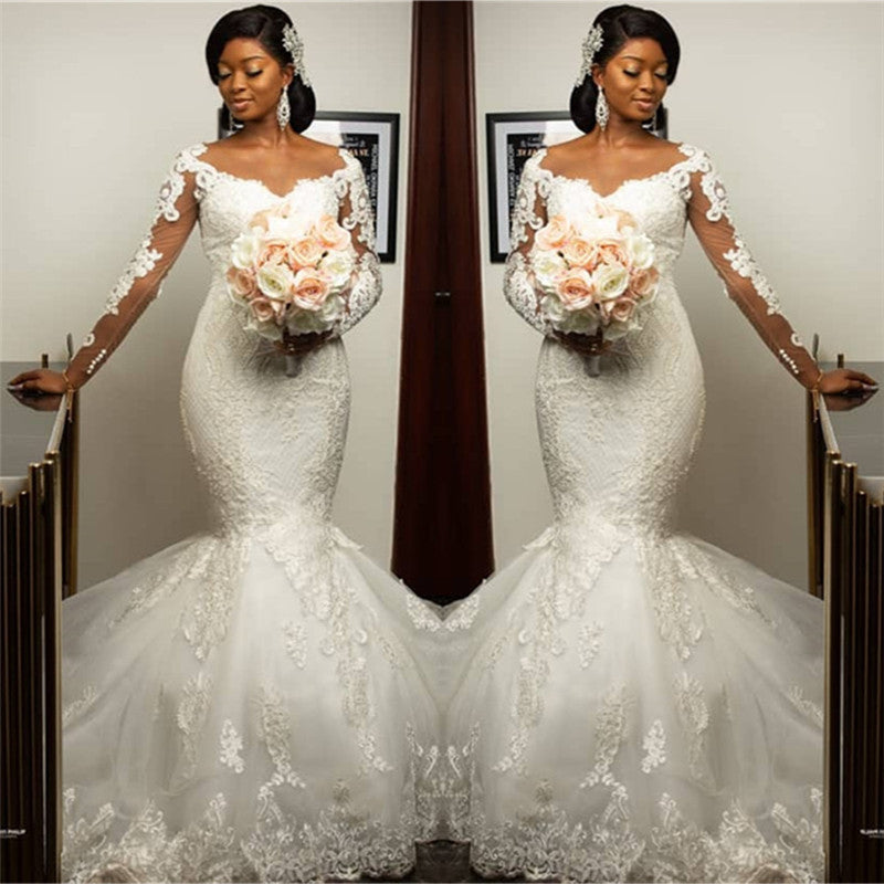 Mermaid Lace Appliques Wedding Dresses with Sleeves Modern Plus Size Bridal Gowns Onine-showprettydress