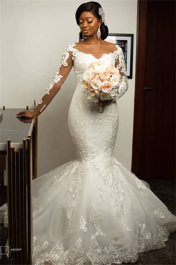 Mermaid Lace Appliques Wedding Dresses with Sleeves Modern Plus Size Bridal Gowns Onine-showprettydress
