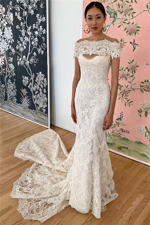 Mermaid Lace Off the shoulder Formal Dresses Backless Bridal Gowns-showprettydress