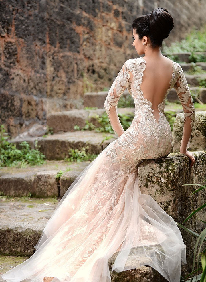 Mermaid Long Sleeves Ivory Lace Wedding Dresses Modern Sheer Tulle See Through Back Evening Dresses-showprettydress