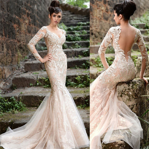 Mermaid Long Sleeves Ivory Lace Wedding Dresses Modern Sheer Tulle See Through Back Evening Dresses-showprettydress