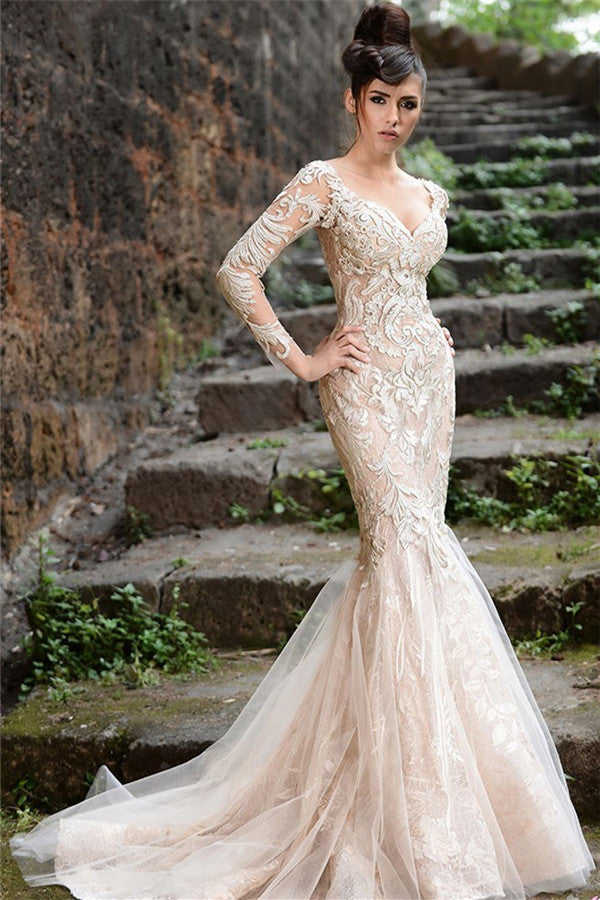 Mermaid Long Sleeves Ivory Lace Wedding Dresses Modern Sheer Tulle See Through Back Evening Dresses-showprettydress