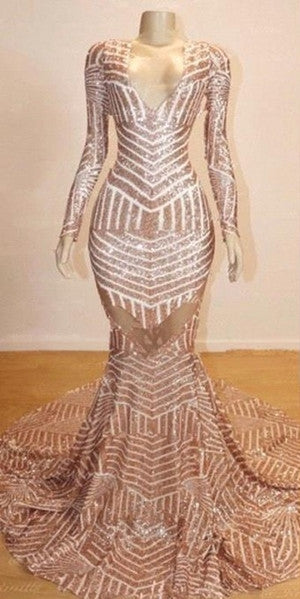 Mermaid Long Sleevess V-neck Sequined Sweep Train Prom Dresses-showprettydress