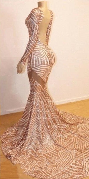 Mermaid Long Sleevess V-neck Sequined Sweep Train Prom Dresses-showprettydress