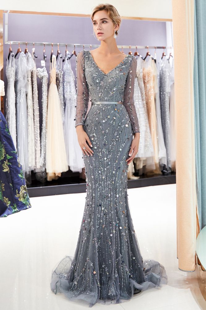Mermaid Long Sleevess V-neck Sequins Evening Gowns with Sash-showprettydress