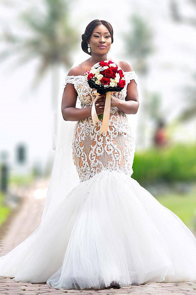Mermaid Off-the-shoulder Floor Length Tulle Applique Wedding Dress-showprettydress