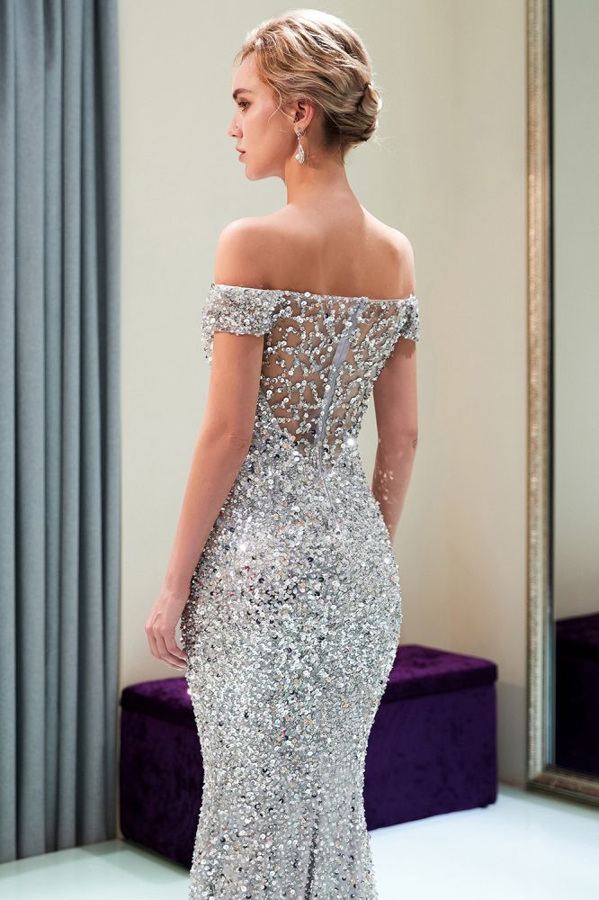 Mermaid Off-the-shoulder Long Sequins Silver Evening Gowns-showprettydress