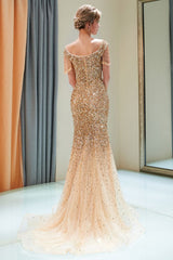 Mermaid Off-the-shoulder V-neck Floor Length Sequins Evening Dresses-showprettydress