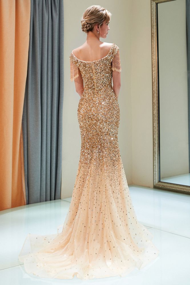 Mermaid Off-the-shoulder V-neck Floor Length Sequins Evening Dresses-showprettydress