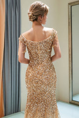 Mermaid Off-the-shoulder V-neck Floor Length Sequins Evening Dresses-showprettydress