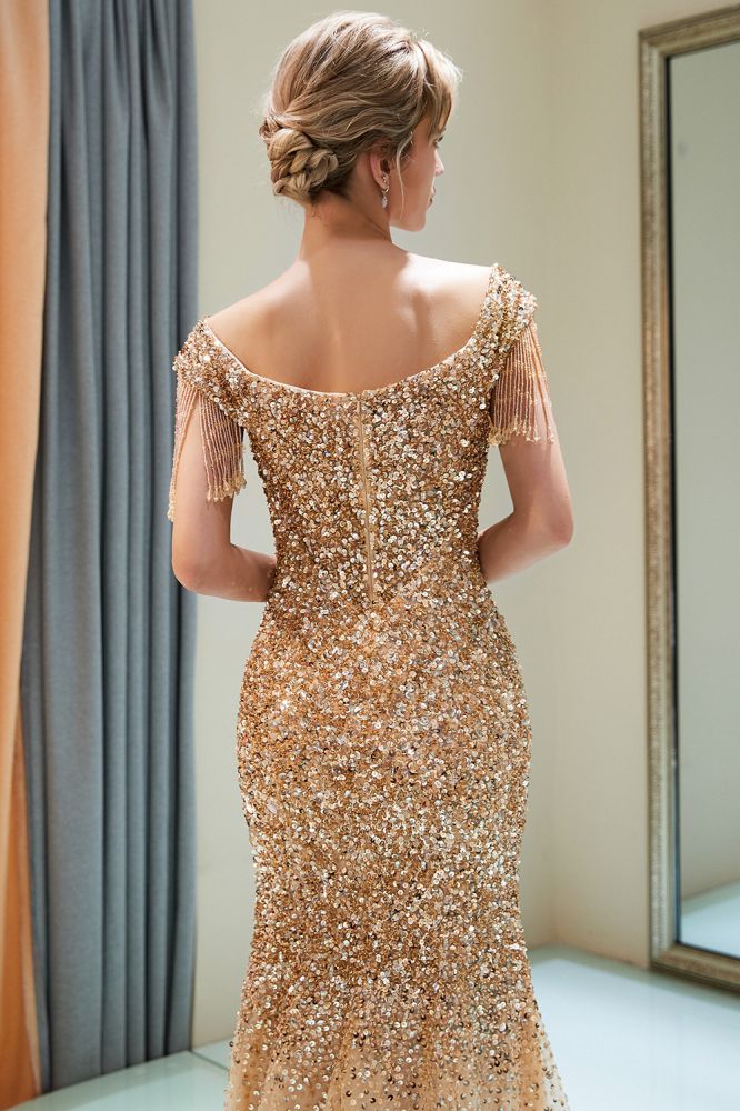 Mermaid Off-the-shoulder V-neck Floor Length Sequins Evening Dresses-showprettydress