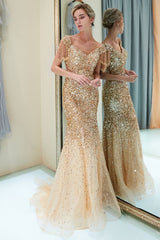 Mermaid Off-the-shoulder V-neck Floor Length Sequins Evening Dresses-showprettydress