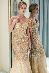 Mermaid Off-the-shoulder V-neck Floor Length Sequins Evening Dresses-showprettydress